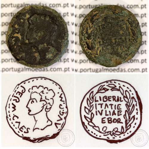 Roman coin of Augustus, AE As Ebora, Portugal, PERM CAES AVG P M / LIBERAL ITATIE IVLIAE EBOR, Burgos 901, Gomes 01.01, RIC 51