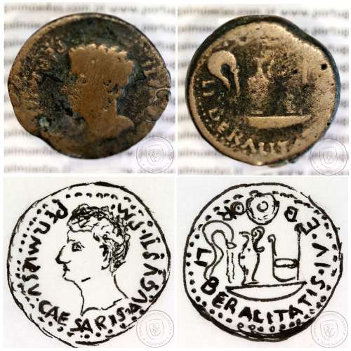 Augustus, Dupôndio Bronze, EBORA, 12 a.C., PERMISSV CAESARIS AVGVSTI PM / LIBERALITATIS IVL EBOR, Gomes 02.02 extremamente Rara