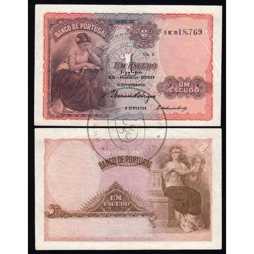 Portugal Banknote 1 Escudo 1920 Woman seated holding book at left, Pick 113, 1$00 25/06/1920 Chapa: 1 Banco of Portugal