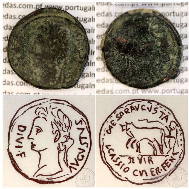 Augustus, Asse Æ, Caesaraugusta, 27a.C. 14d.C, Legenda: AVGVSTVS DIVI F / CAESAR AVGVSTA L. CASSIO C. VALER. FEN II VIR, RPC 309