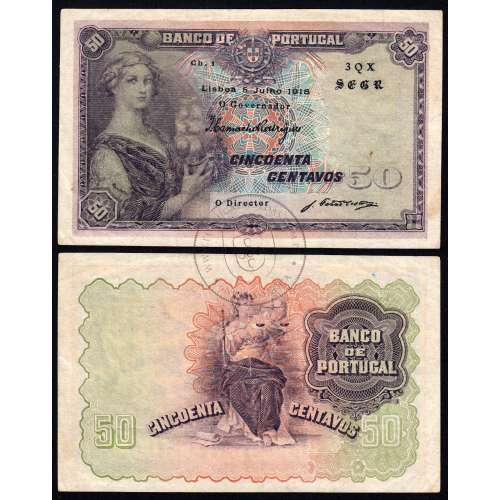 Portugal Banknote, 50 centavos 1918 Woman with ship in her hand at left., 0$50 05/07/1918, Chapa: 1 Bank of Portugal