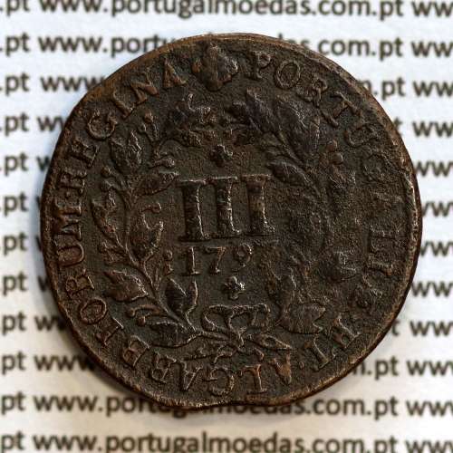 3 réis cobre 1797 D. Maria I, "III réis 1797 Cobre", 15 frutos em cada ramo e legenda junto á coroa, World Coins Portugal KM 308