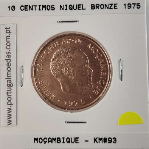 Moçambique, 10 centimos Niquel bronze 1975, (Bela), World Coins Mozambique KM 93, Presidente Samora Moisés Machel