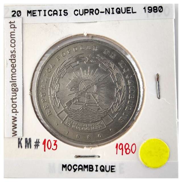 Moçambique, 20 Meticais Cupro níquel 1980, (Bela), World Coins Mozambique KM 103