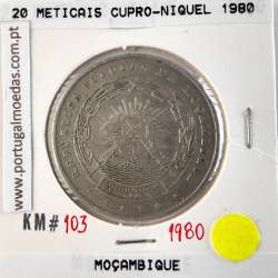 Moçambique, 20 Meticais Cupro níquel 1980, (MBC), World Coins Mozambique KM 103