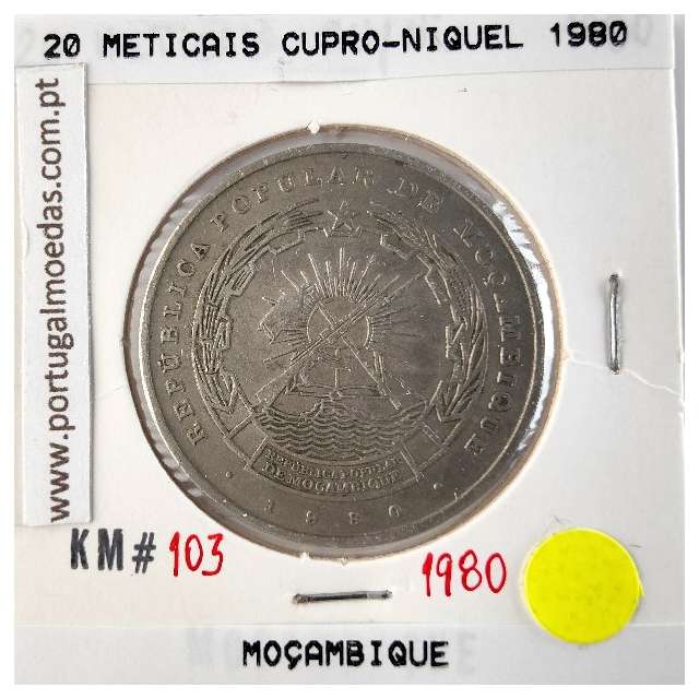Moçambique, 20 Meticais Cupro níquel 1980, (MBC), World Coins Mozambique KM 103