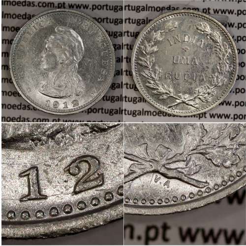 Índia 1 Rupia 1912 prata, data emendada 1912 / 1911, India Portuguesa, (Bela-), World Coins India Portuguese KM 18