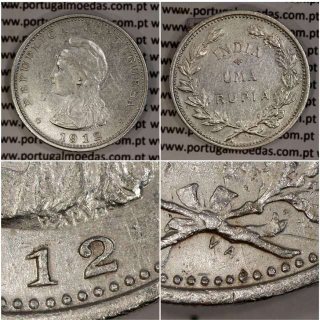 Silver coin 1 Rupee 1912 of India, normal date unamended, World Coins India Portuguese KM 18