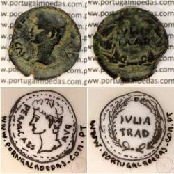 Roman coin of Augustus, Æ As of Ivlia Tradvcta, Hispania, Legend:  PERM. CAES AVG/ IVLIA TRAD, RPC 108, SEAR 551, Burgos 1614