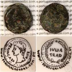 Roman coin of Augustus, Æ As of Julia Traducta, Hispania, Legend:  PERM. CAES AVG/ IVLIA TRAD, RPC 108, Burgos 1614, SEAR 551