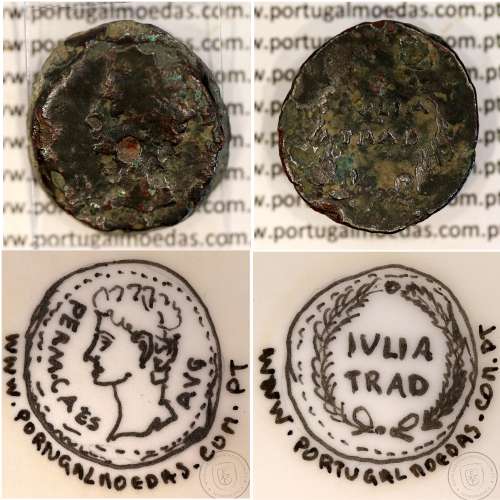 Augustus, Asse Bronze, Julia Traducta, Imperador Augusto, (11 a.C.), Legenda: PERM. CAES AVG / IVLIA TRAD, RPC 108, Burgos 1614