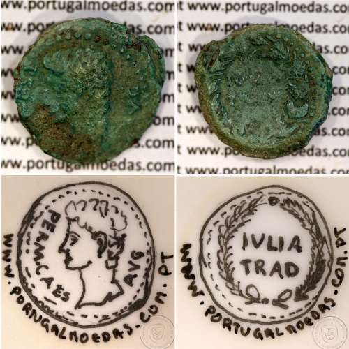 Roman coin of Augustus, Æ As of Julia Traducta, Hispania, Legend:  PERM. CAES AVG/ IVLIA TRAD, Burgos 1614, RPC 108, SEAR 551
