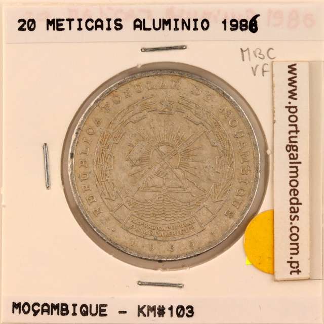 Moçambique, 20 Meticais alumínio 1986, (MBC), World Coins Mozambique KM 103