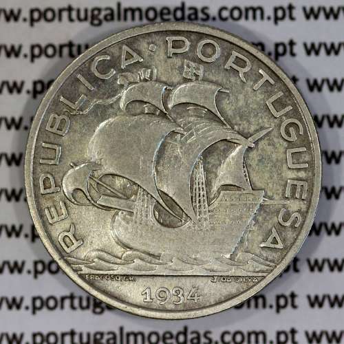10 Escudos 1934 prata, 10$00 escudos prata 1934 da Republica Portuguesa, (MBC) World Coins Portugal KM 582