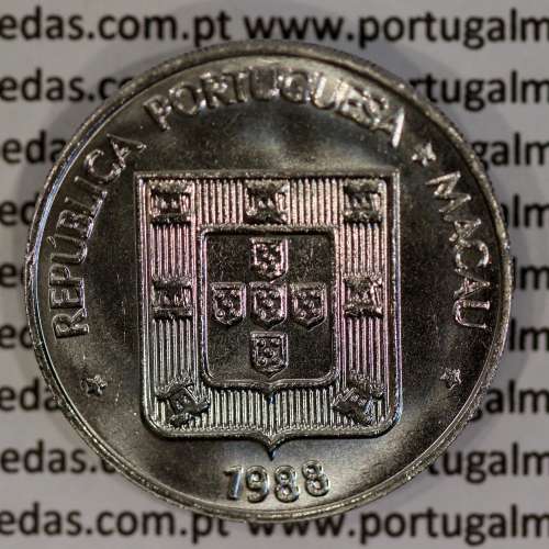 Macau 5 Pataca 1988 Cuproníquel, Variante Alto Relevo (Singapore Mint), (Soberba), Ex-Colónia Macau, World Coins Macao KM 24.1