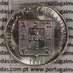 Macau 5 Pataca 1988 Cuproníquel, Variante Alto Relevo (Singapore Mint), (Soberba), Ex-Colónia Macau, World Coins Macao KM 24.1