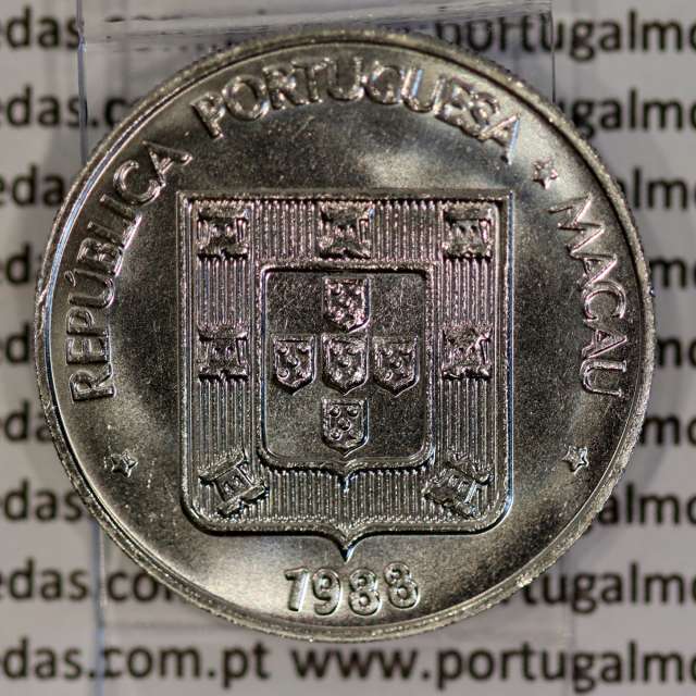 Macau 5 Pataca 1988 Cuproníquel, Variante Alto Relevo (Singapore Mint), (Soberba), Ex-Colónia Macau, World Coins Macao KM 24.1