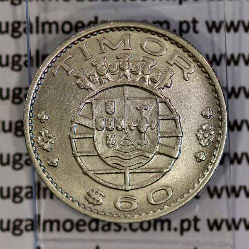 Timor 60 Centavos 1958 Alpaca , ($60) sessenta centavos 1958 Ex-colónia Portuguesa de Timor, (Bela), World Coins Timor KM 12