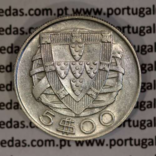 5 escudos 1946 prata, 5$00 escudos 1946 prata da República Portuguesa, (MBC), World Coins Portugal KM 581
