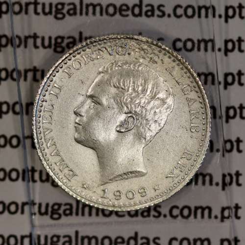 100 réis 1909 prata D. Manuel II, tostão prata 1909, (Bela), World Coins Portugal KM 548