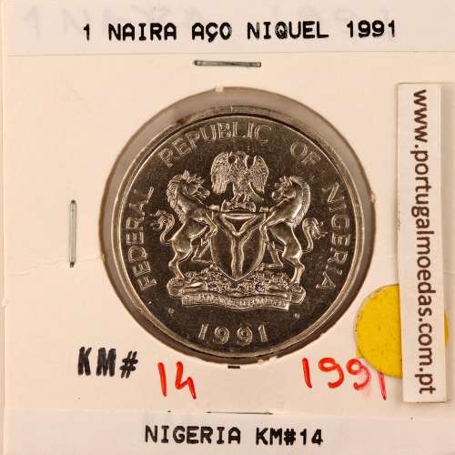 Nigéria 1 Naira 1991 Cupro Niquel, (MBC), World Coins Nigeria KM 14