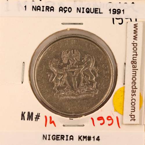 Nigéria 1 Naira 1991 Nickel plated steel, (VF), World Coins Nigeria KM14
