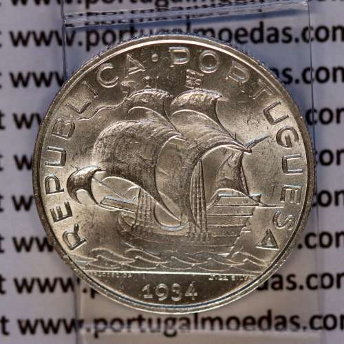 Portugal, silver coin of 5 Escudos 1934, 5$00 1934 silver coin of the Portuguese Republic, (UNC), World Coins Portugal KM 581