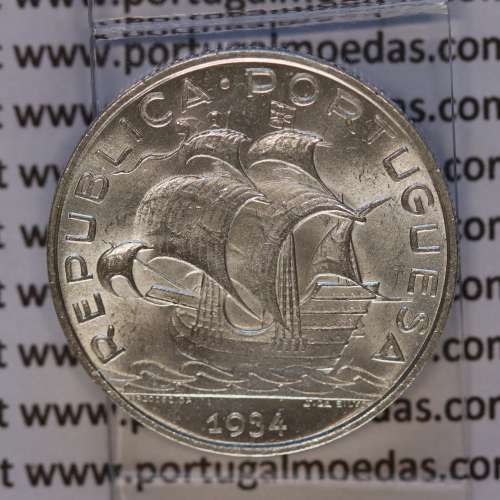 Portugal, silver coin of 5 Escudos 1934, 5$00 1934 silver coin of the Portuguese Republic, (UNC), World Coins Portugal KM 581