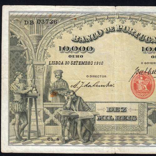 Nota de 10 000 Reis 1910 , 10000 Réis 30/09/1910 Chapa: 4 Banco de Portugal, (Circulada), World Paper Money Portugal Pick 108
