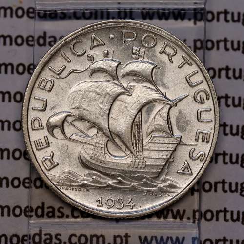 Silver coin 5 Escudos 1934 of Portugal, 5$00 Escudos 1934 silver of the Portuguese Republic, (UNC), World Coins Portugal KM 581