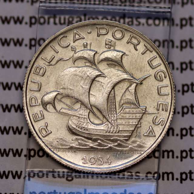 Portugal, silver coin of 5 Escudos 1934, 5$00 1934 silver coin of the Portuguese Republic, (UNC), World Coins Portugal KM 581