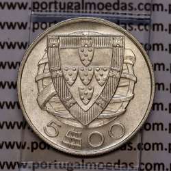 Portugal, silver coin of 5 Escudos 1934, 5$00 1934 silver coin of the Portuguese Republic, (UNC), World Coins Portugal KM 581