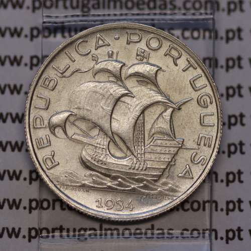 Portugal, silver coin of 5 Escudos 1934, 5$00 1934 silver coin of the Portuguese Republic, (UNC), World Coins Portugal KM 581
