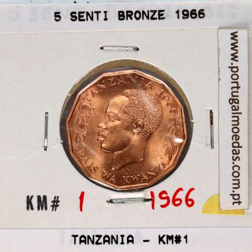Tanzânia 5 senti 1966 Bronze, (Soberba), World Coins Tanzania KM 1