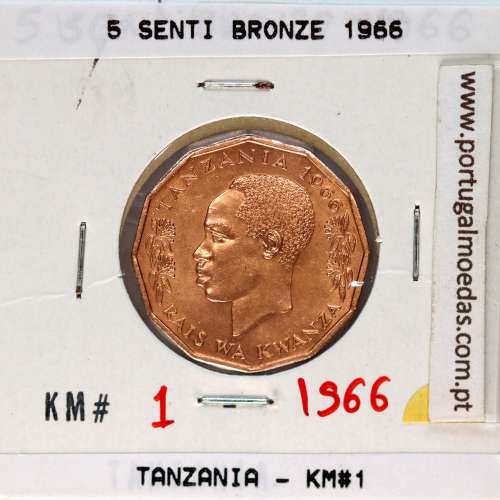 Tanzânia 5 senti 1966 Bronze, (Bela/Soberba), World Coins Tanzania KM 1