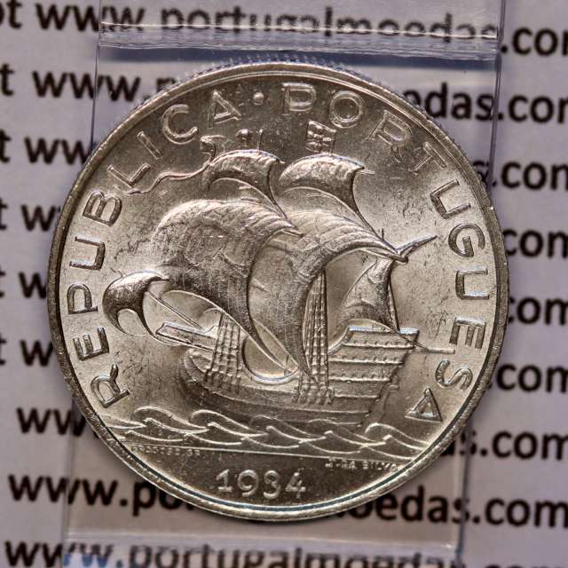 Silver coin 5 Escudos 1934 of Portugal, 5$00 Escudos 1934 silver of the Portuguese Republic, (UNC), World Coins Portugal KM 581