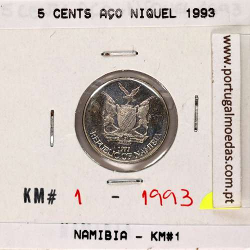 Namíbia 5 cents 1993 Aço Níquel, (Soberba), World Coins Namibia KM 1