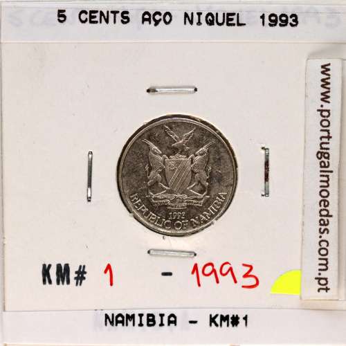 Namíbia 5 cents 1993 Aço Níquel, (Bela), World Coins Namibia KM 1