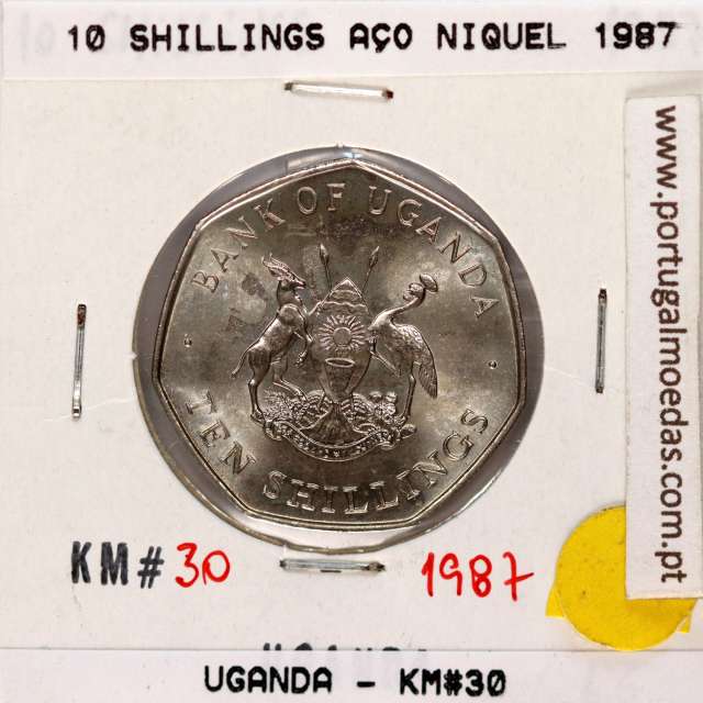Uganda 10 Shillings 1987 Aço níquel, (Soberba), World Coins Uganda KM 30