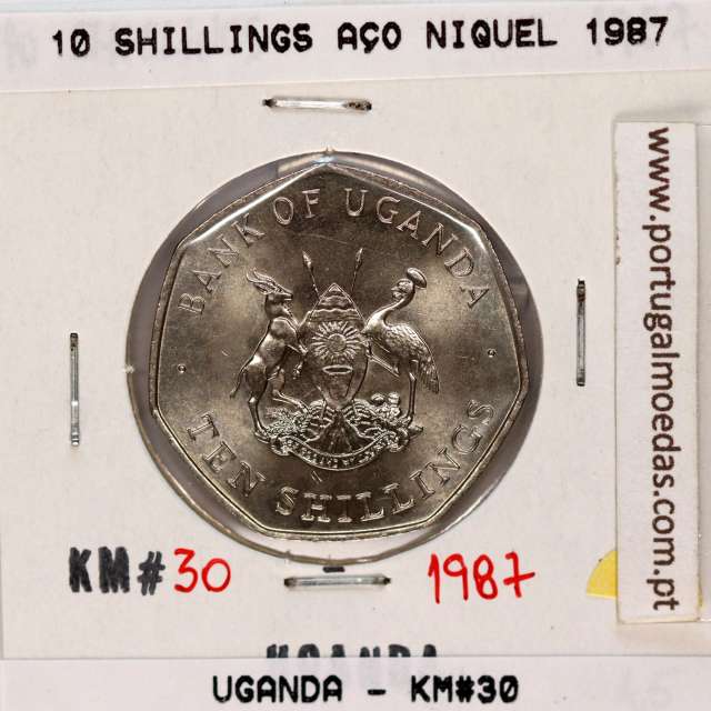 Uganda 10 Shillings 1987 Aço níquel, (Soberba), World Coins Uganda KM 30