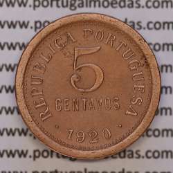 5 centavos 1920 Bronze, $05 centavos 1920 Republica Portuguesa, (MBC+/Bela-), World Coins Portugal KM 569