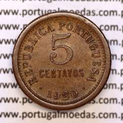 5 centavos 1920 Bronze, $05 centavos 1920 Republica Portuguesa, (MBC+/Bela), World Coins Portugal KM 569