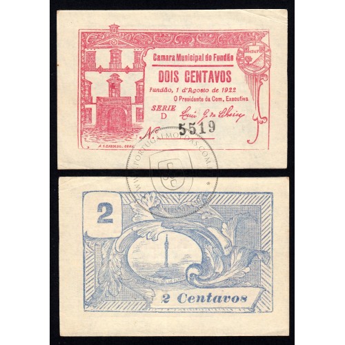 CÉDULA CÂMARA MUNICIPAL DO FUNDÃO - VALE 2 CENTAVOS ( NÃO CIRCULADA )