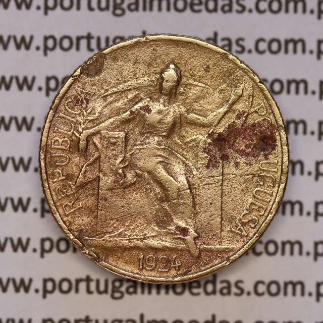 Coin 50 Centavos 1924 Aluminium-Bronze of Portuguese Republic, (F), World Coins Portugal KM 575