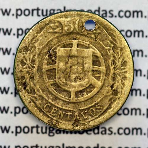 Coin 50 Centavos 1924 Aluminium-Bronze of Portuguese Republic, (F), World Coins Portugal KM 575