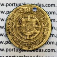 Coin 50 Centavos 1924 Aluminium-Bronze of Portuguese Republic, (F), World Coins Portugal KM 575