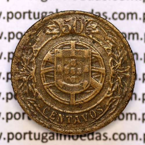 Coin 50 Centavos 1924 Aluminium-Bronze of Portuguese Republic, (VF), World Coins Portugal KM 575