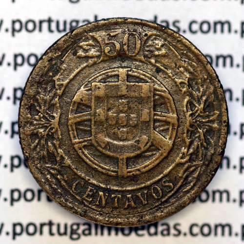 Coin 50 Centavos 1924 Aluminium-Bronze of Portuguese Republic, (VF), World Coins Portugal KM 575