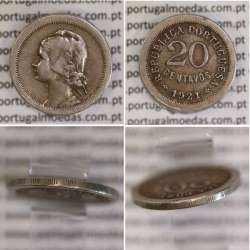 20 centavos 1921 Módulo Menor cuproníquel , Variante Rara Módulo Menor dos 20 centavos 1921 de Portugal, Ø 22,25mm, peso 5,9 Gr.