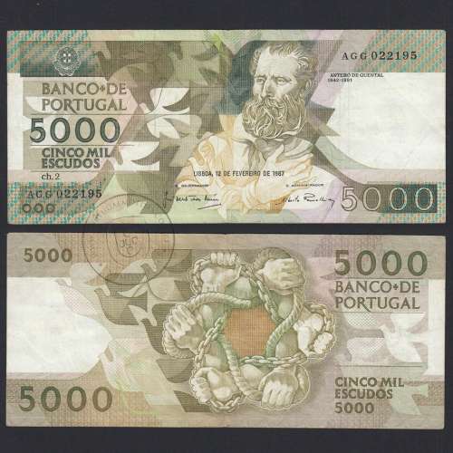 5000 Escudos 1987 Antero de Quental, 12/02/1987, AGG, Plate: 2, Bank of Portugal, World Paper Money Pick 183, (circulated)